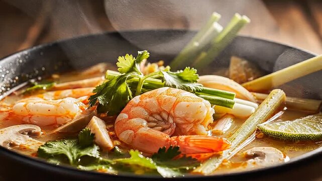Delicious tom yum goong soup with shrimp and mushrooms.