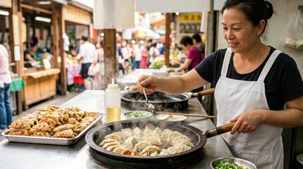 Obraz premium Asian woman chef prepares dumplings in outdoor market, bustling food stalls in background