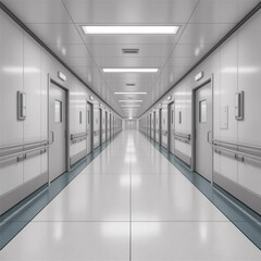 Fototapeta premium Modern sterile hospital corridor with doors and handrails, clean and empty