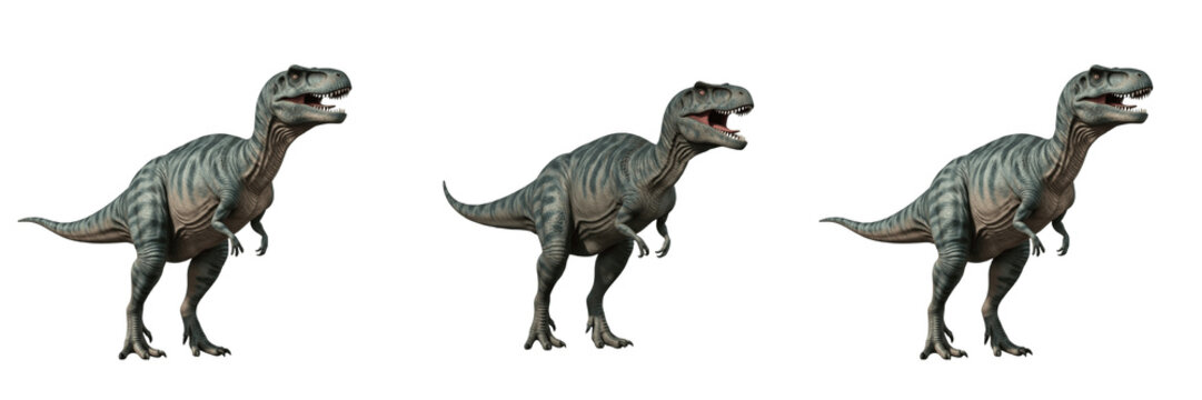 Tyrannosaurus Rex Dinosaur Animal Set, Realistic T-Rex Prehistoric Predator Standing and Roaring Poses Isolated on White Background, Jurassic Era 3D Render Illustration for Design