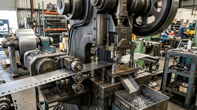 Medium shot of a flat washer stamping press punching narrow face washers from metal sheet showcasing precise die alignment and smooth sheet feeding in industrial setting.