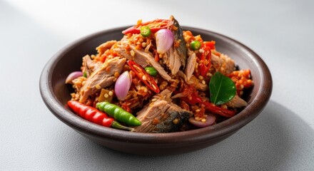 Fototapeta premium Shredded tuna mixed with sliced shallots and chilies in a clay bowl