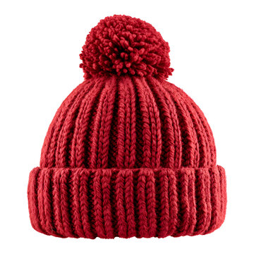 red knitted beanie with pompom, isolated on transparent background