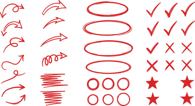 A collection of hand drawn red arrows circles checkmarks x marks and stars on a plain white background high quality professional detailed modern
