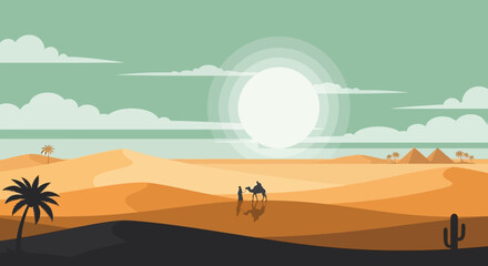 Fototapeta premium Golden desert dunes under a bright sun with a distant camel and traveler silhouette.