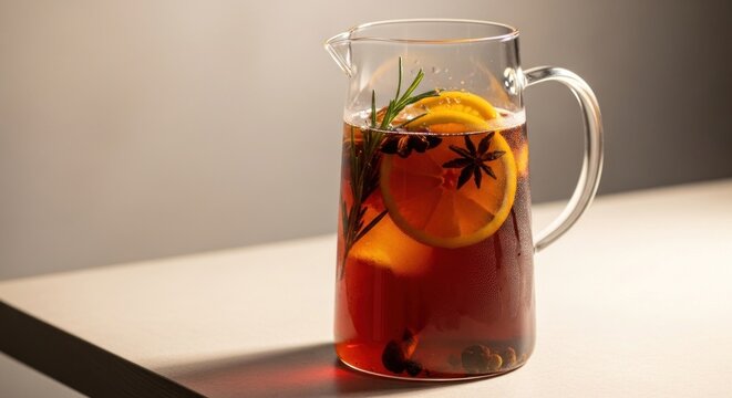 Spiced herbal tea pitcher with orange and rosemary