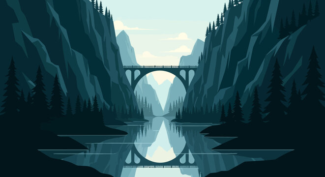 Serene blue canyon landscape with a distant arched bridge over still water and dramatic cliff walls.