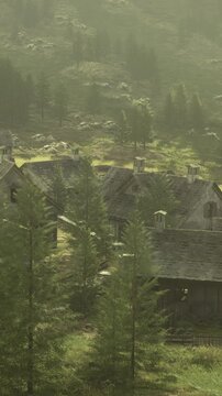 Houses with worn roofs sit close together in a rural area. Trees surround the village, offering a natural setting. The sun shines down on the landscape, showing signs of life.