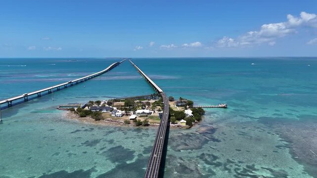 High up aerial view of old seven mile bridge leading to Pigeon Key in Monroe County, Florida.