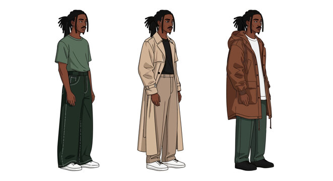 Portrait sequence showing a man modeling three outfits in casual, formal, and traditional styles.