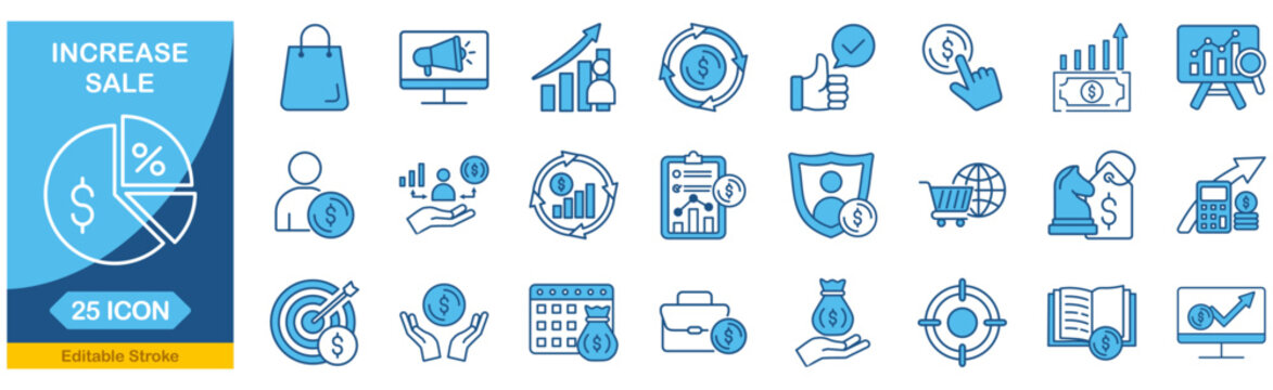 Increase sale web icons In Blue Monochrome. marketing, profit, vision, seo, collection. Editable stroke. Vector illustration.