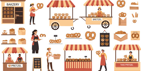 Obraz premium Bakery and Pretzel Street Food Stall Icon Set with Vendors, Breads, and Market Stands for Food Business and Retail Designs