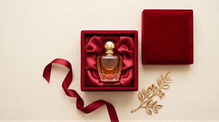 Naklejka premium Top view flatlay perfume gift box satin lined with red ribbon and gold decoration for luxury holiday present and fragrance celebration concept