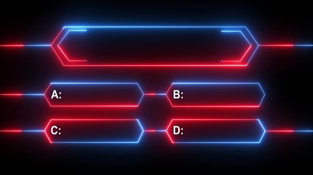 Vibrant glowing neon red quiz template, question box and four answer options (A, B, C, D) for trivia, education, and Abstract circuit 4k animation technology black background video
