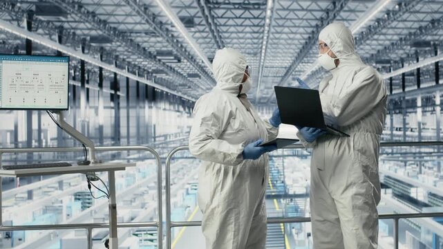 Employees in safety suits reviewing microchip smart factory schematics, talking. Teamworking colleagues collaborating, overseeing gear layouts using EDA software in industry 4.0 plant, camera B