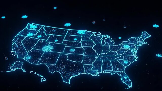 Glowing Digital Outline Of The Us Map With Falling Snowflakes Circuit-board Pattern Showcasing Winter Weather Concept The Visualization Of Data Related To Winter Events