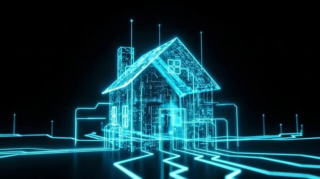 Glowing Digital House Graphic Demonstrating Smart Home Concept With Connections Lines Set Against Dark Background Potentially Used For Technology Innovation Design