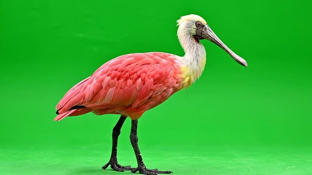 A vibrant pink Roseate Spoonbill bird with a distinctive spatulate bill stands against a bright green background.