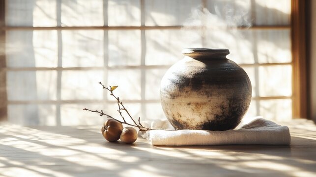 Rustic Korean traditional handmade Onggi clay pot in morning sunlight, zen lifestyle and wellness fermentation concept still life
