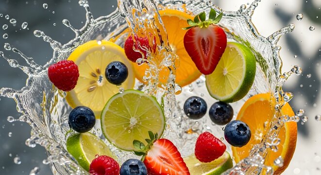 Campuran buah-buahan cerah termasuk lemon, jeruk nipis, beri, dan jeruk yang memercik kuat di dalam air, melambangkan energi alami yang meluap