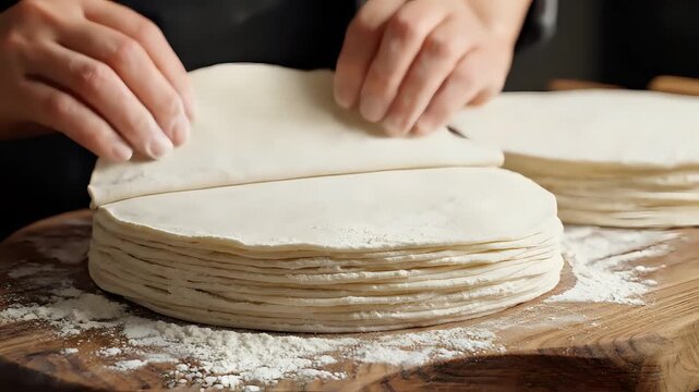 Hands dusting flour on stack of fresh homemade tortillas on wooden board.