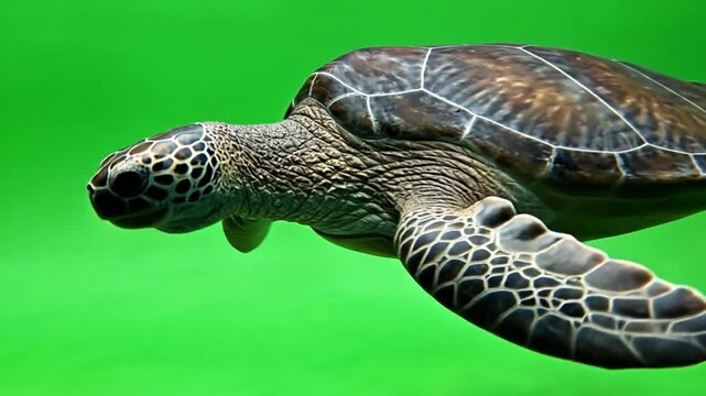 A majestic sea turtle gracefully swims through vibrant green water, showcasing its intricate shell patterns and powerful flippers in a captivating display.