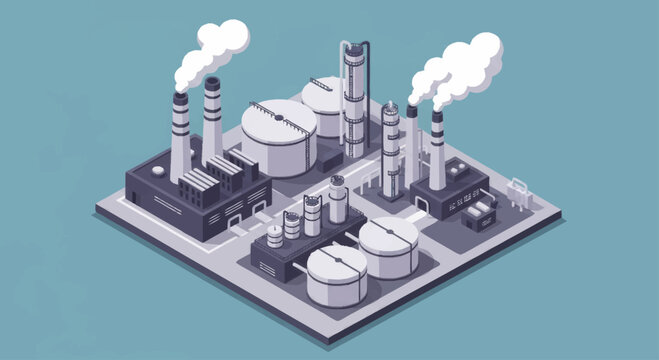 Isometric Industrial Factory with Smoking Chimneys and Storage Tanks.