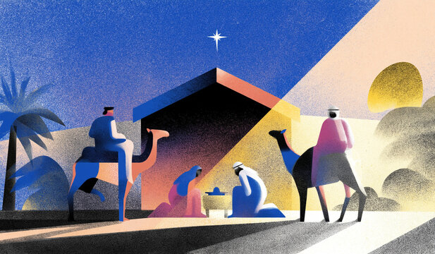 Nativity Scene Illustration with Wise Men on Camels and Holy Family at Manger

Contemporary religious artwork showing the three kings traveling to visit the newborn savior at Christmas.