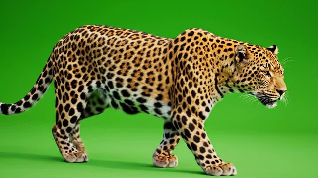 A majestic leopard with a spotted coat walking gracefully against a vibrant green screen background.