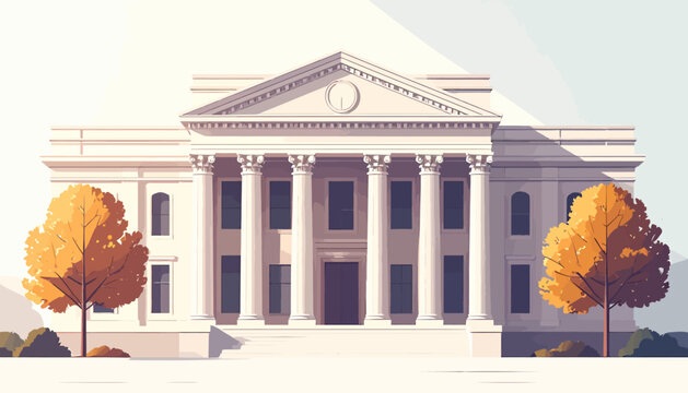 A grand neoclassical building with a pediment and columns, flanked by trees with autumn foliage, bathed in soft light