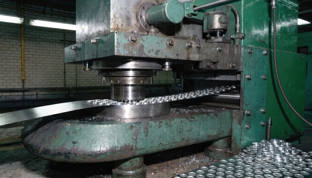 Medium shot of a flat washer stamping press punching narrow face washers from metal sheet showcasing precise die alignment and smooth sheet feeding in industrial setting.