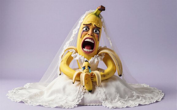 Banana bride in wedding gown crying with banana groom whimsical