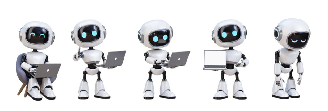 Cute white robot with blue eyes using laptops in various poses. 3D render. backg