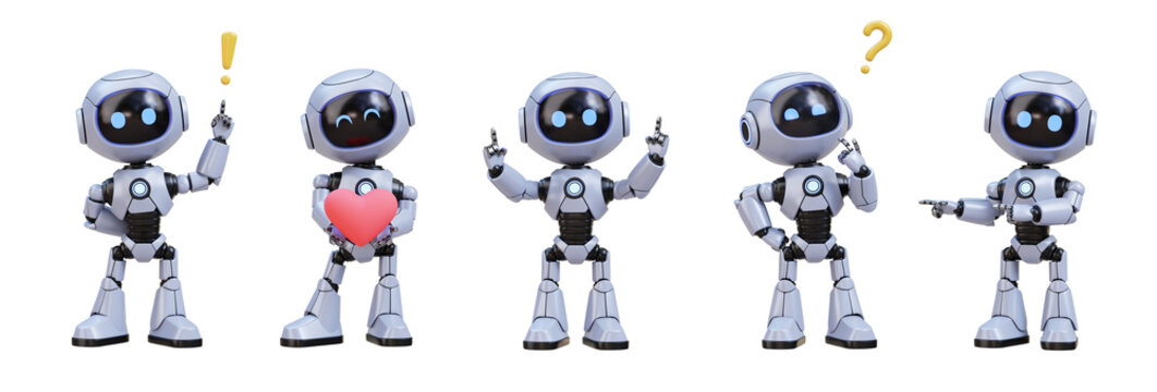 Cute stylized robots displaying various emotions and gestures.. 3D re