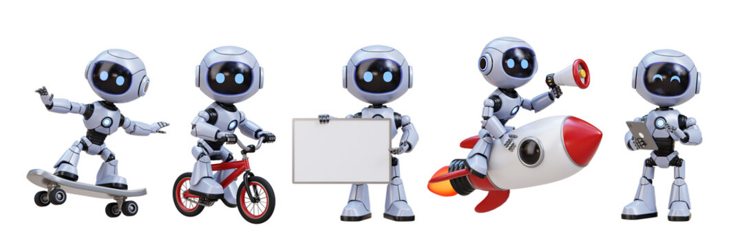 Cute white robots engaged in various activities skateboarding. riding bicycle. holding sign. ridi
