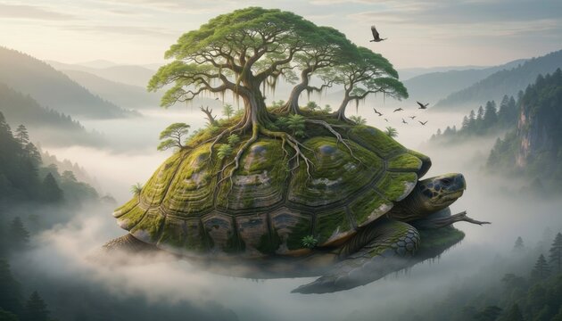 Giant Turtle Carrying a Lush Tree Island Through Misty Skies