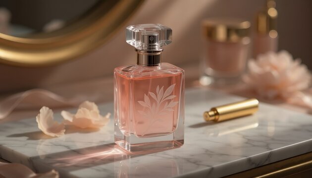 Elegant glass perfume bottle filled with pink rose fragrance on a marble vanity
