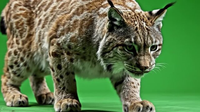 A beautiful lynx with spotted fur and distinctive ear tufts walks gracefully forward against a vibrant green background in a studio setting.