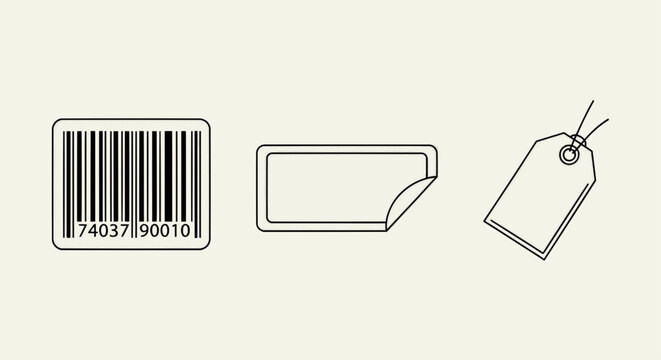 An illustration shows a barcode, a label, and a tag with string on a plain background.