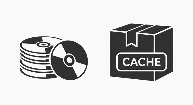 A stack of CDs next to a labeled cache box on a plain background
