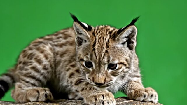 A cute lynx kitten with spotted fur and ear tufts crouching on a rock against a vibrant green background.