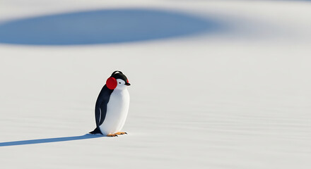 Fototapeta premium A smiling penguin standing on snow with a cloud and tiny star in the background