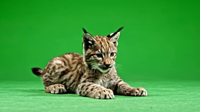 A young lynx cub with spotted fur and tufted ears lies on a green screen background, looking to the right.