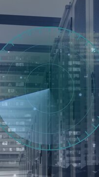 Radar HUD overlay starting sweep upper-right, rotating, lighting pings over facade for security