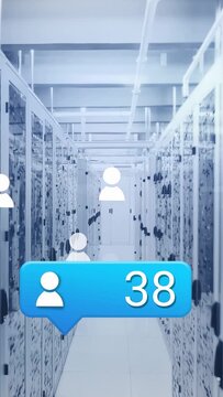 Blue speech-bubble counter incrementing and spawning rising user icons, visualizing platform growth