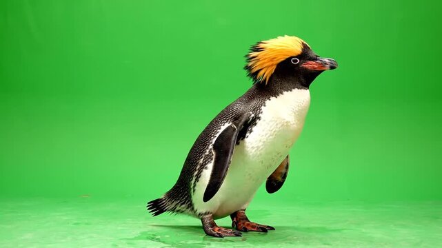 A crested penguin with a yellow plume stands on a vibrant green background, looking to the right.