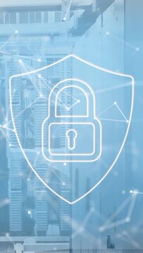 On play shield padlock centering over servers, particles drifting and lines pulsing cybersecurity
