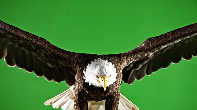 Majestic bald eagle with wings spread wide, flying directly towards the camera against a vibrant green screen.