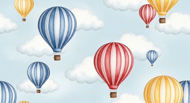 Watercolor illustration of hot air balloons floating amongst fluffy clouds