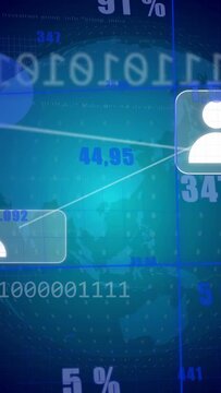 Vertical video: User-icon entering, globe updating metrics, lines linking tiles for tech HUD